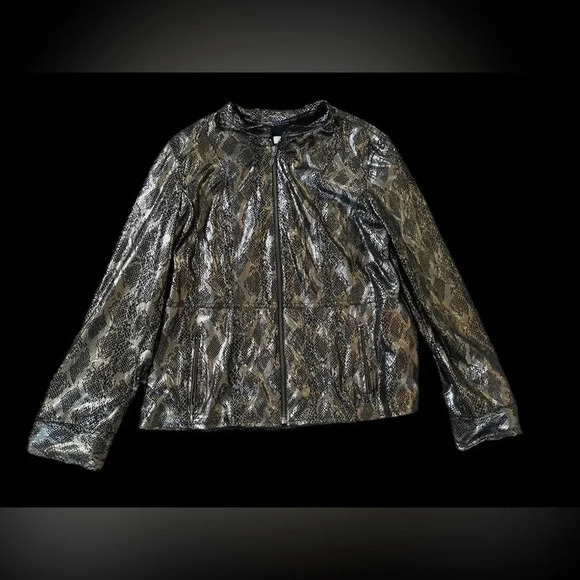 Chico’s Black Silver Metallic Snake Print Full Zip Jacket Women Size 2 - Picture 1 of 4